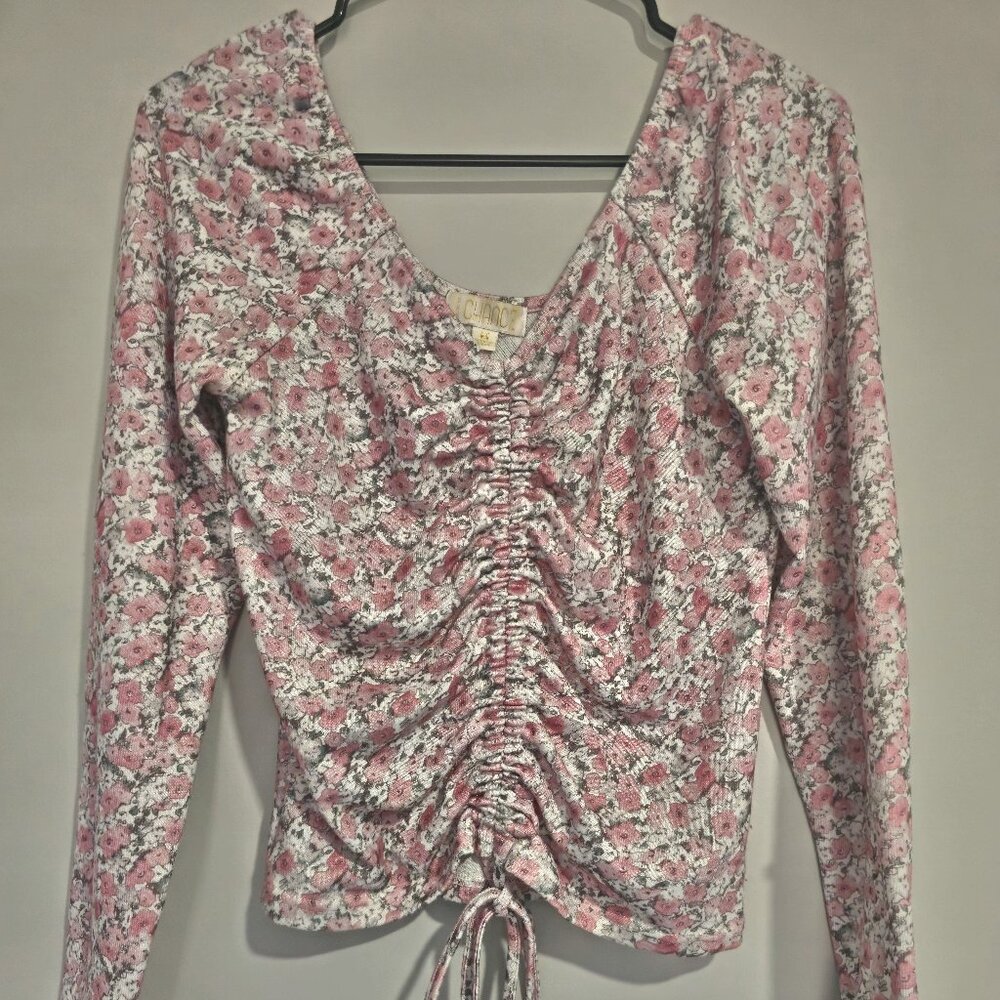 BKK Chance Pink Floral Ruched Long Sleeve Top – Size M
